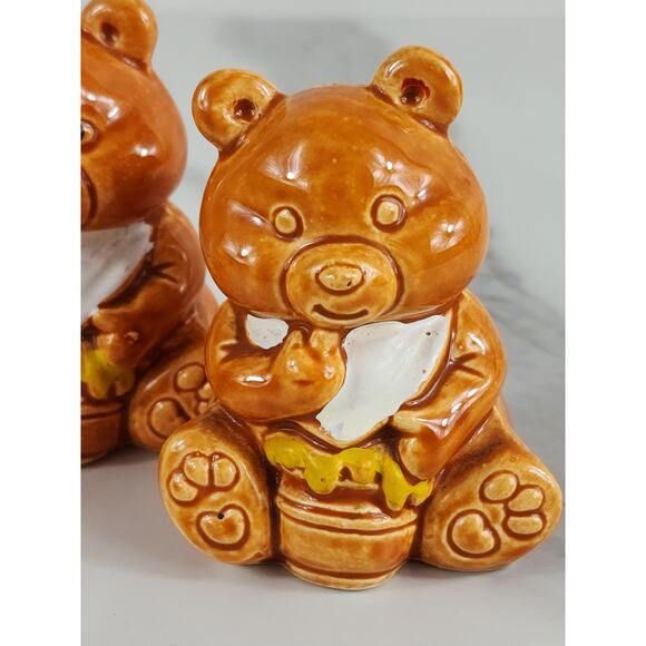 Bear Cub Salt & Pepper Shakers Toothpick Holder 3" Glazed Ceramic 70's Japan Vtg - Picture 3 of 14